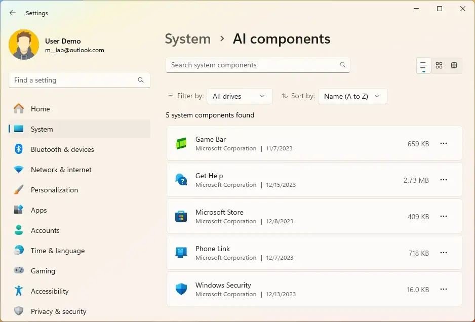 Windows 11'e Yeni Yapay Zeka Bileşenleri Sayfası Ekleniyor